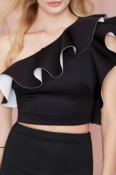 Oasap Fashion One Shoulder Flounce Trim Top