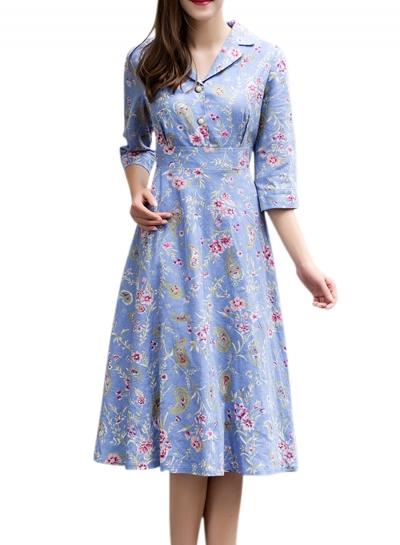 Oasap Women's Floral Print Turn Down Collar Slim Fit Dress