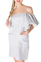 Oasap Women's Spaghetti Strap Open Shoulder Flounce Sleeve Stripe Dress