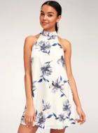 Oasap Boho Floral Printed Halter Bow Lace-up Sleeveless Backless Mini Dress
