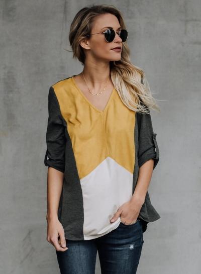 Oasap Color Block Long Sleeve V Neck Knit Tee Shirt