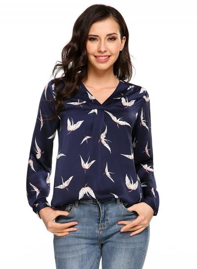 Oasap V Neck Long Sleeve Birds Printed Blouse