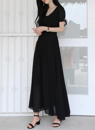 Oasap Boho V Neck Short Sleeve Solid Maxi Chiffon Dress