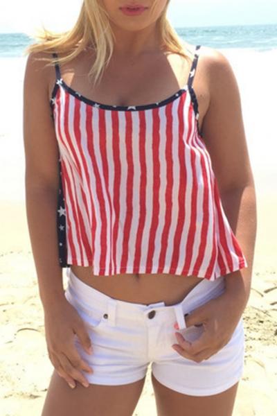 Oasap Chic Striped Print Flag Paneled Chiffon Crop Top