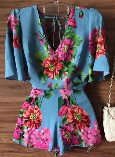 Oasap Fashion V Neck Short Sleeve Backless Floral Romper