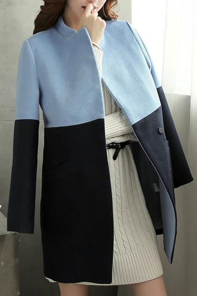 Oasap Color Block Snap Button Stand Collar Coat