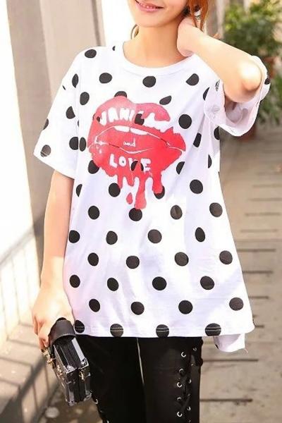 Oasap Polka Dot Lip Print High Low Design Knit Tee