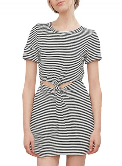 Oasap Women's Short Sleeve Cut Out Waist Stripe Print Dress