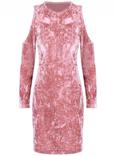 Oasap Round Neck Cold Shoulder Bodycon Velvet Dress