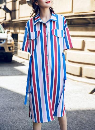 Oasap Striped Short Sleeve Loose Fit Button Down Shirt Dress