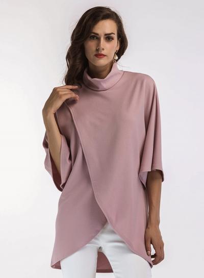 Oasap Stand Collar Half Sleeve Solid Color Slit Tee Shirt