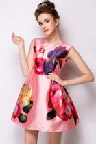 Oasap Demure Floral Pink A-line Mini Dress