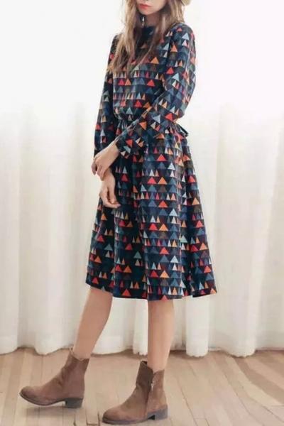 Oasap Geo-print Round Neck Corduroy Elastic Waist Dress