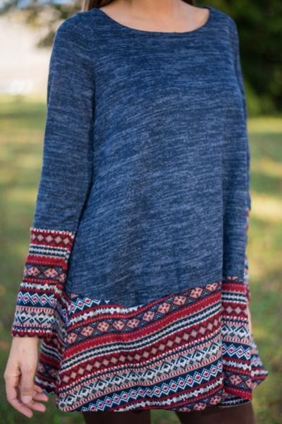 Oasap National Wind Print Round Neck A-line Dress