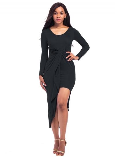Oasap Solid Color Scoop Neck Long Sleeve Irregular Bodycon Dress