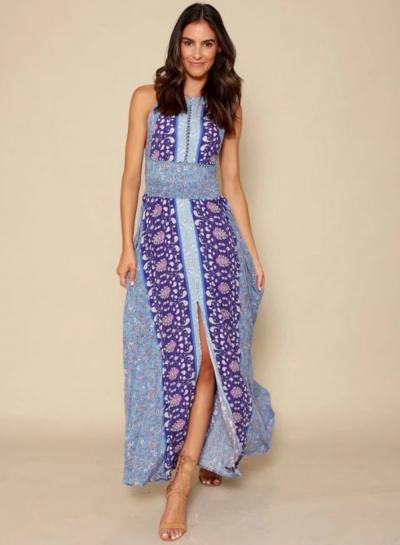 Oasap Halter Off Shoulder Sleeveless Backless Slit Maxi Floral Dress