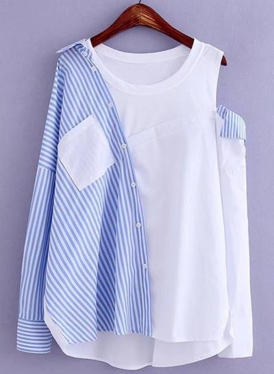 Oasap Round Neck Off Shoulder Striped Shirts