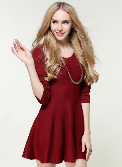 Oasap Fashion Solid Long Sleeve A-line Knit Mini Dress