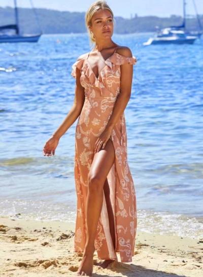 Oasap Boho Floral Print Off Shoulder High Slit Maxi Dress