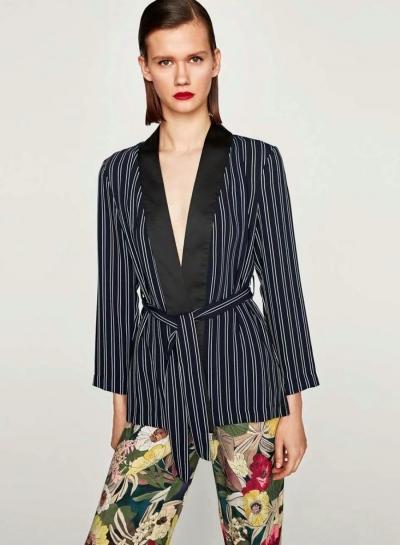 Oasap V Neck Long Sleeve Striped Blazer With Belt