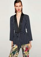 Oasap V Neck Long Sleeve Striped Blazer With Belt