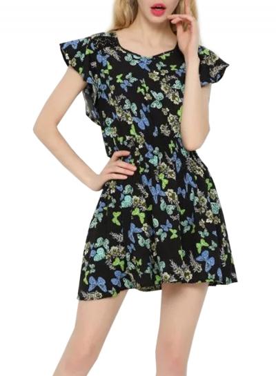 Oasap Women's Floral Print Elastic Waist Lace Paneled Dress