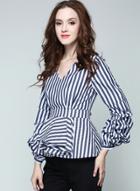Oasap V Neck Long Puff Sleeve Striped Blouse