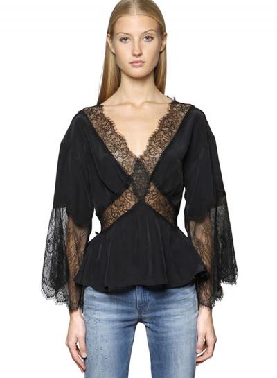 Oasap V Neck Lace Panel Long Sleeve Sheer Blouse