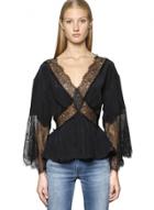 Oasap V Neck Lace Panel Long Sleeve Sheer Blouse