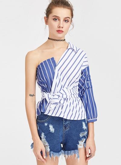 Oasap Stripe One Shoulder Half Sleeve Tie Blouse
