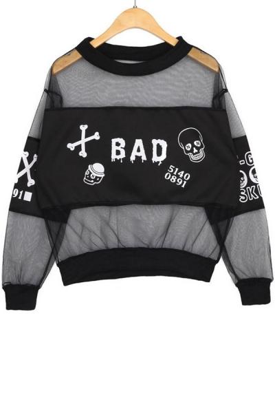Oasap Skull Long Sleeve Mesh Blouse
