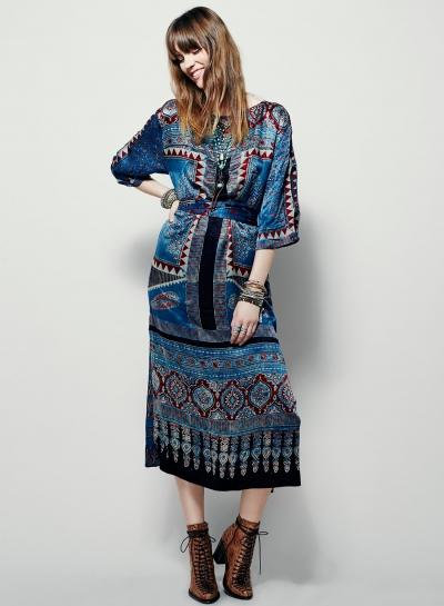 Oasap Round Neck Three Quarter Length Sleeve Printed Slit Dress