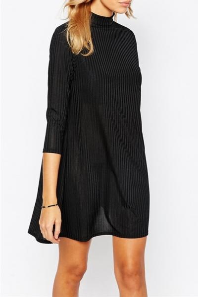 Oasap Classic Black Mock Neck Ribbed Shift Dress
