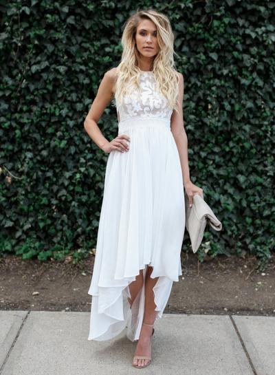 Oasap Round Neck Sleeveless Lace Panel High Low Dress