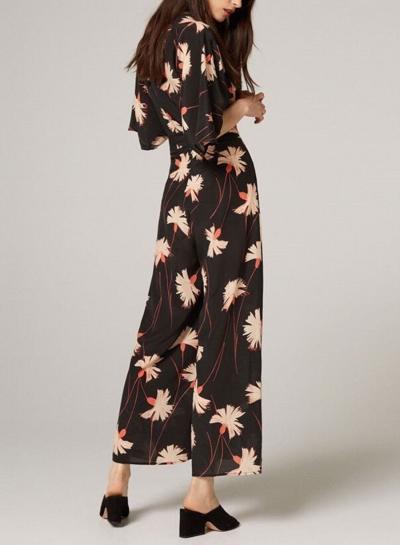 Oasap V Neck Half Sleeve Floral Wide Leg Jumpsuit With Belt