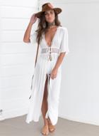 Oasap Solid Deep V Neck Half Sleeve High Slit Maxi Beach Dress