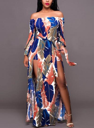 Oasap Slash Neck Off Shoulder Leaves Print High Slit Maxi Dress