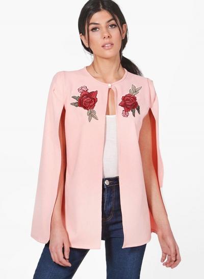 Oasap Round Neck Slit Floral Embroidery Coat