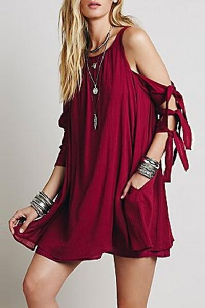Oasap Fancy Tie Sleeve Keyhole Back Trapeze Dress