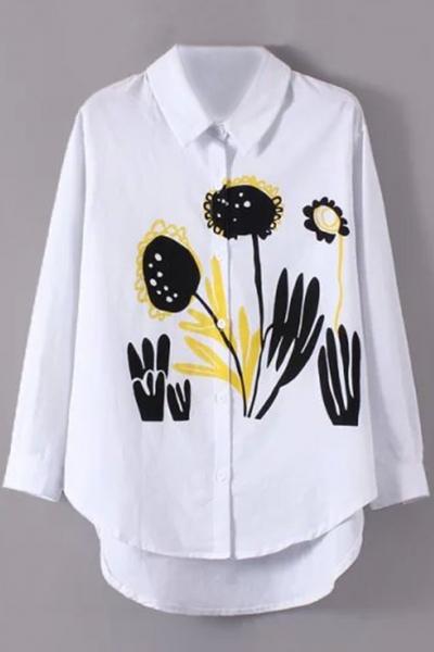 Oasap Delightful Sunflower Print High-low Buttoned Shirt