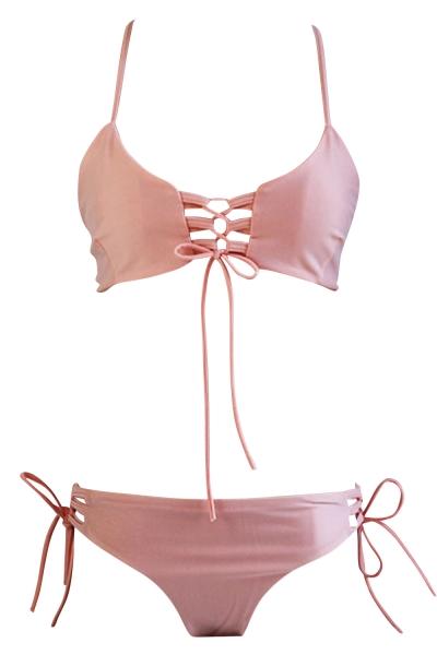 Oasap Hot Blush Lace-up Front Crossed Back Two Piece Swimwear