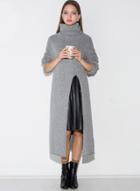 Oasap Turtleneck Long Sleeve Solid Color Slit Long Sweater