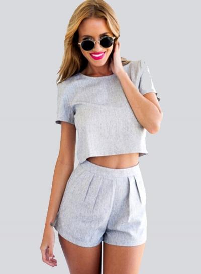 Oasap Fashion Short Sleeve Crop Top Shorts 2 Piece Set