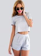 Oasap Fashion Short Sleeve Crop Top Shorts 2 Piece Set