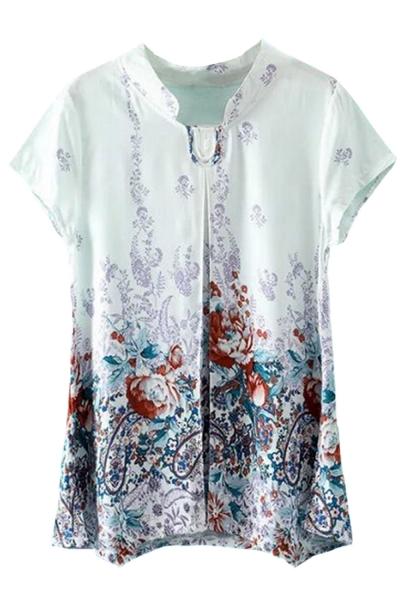 Oasap Women's Fashion Short Sleeve Floral Printing Irregular Hem Blouse