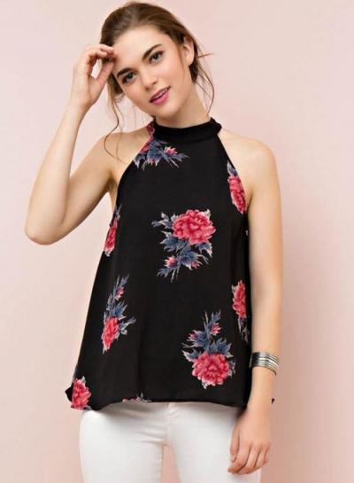 Oasap Halter Sleeveless Floral Print Chiffon Blouse