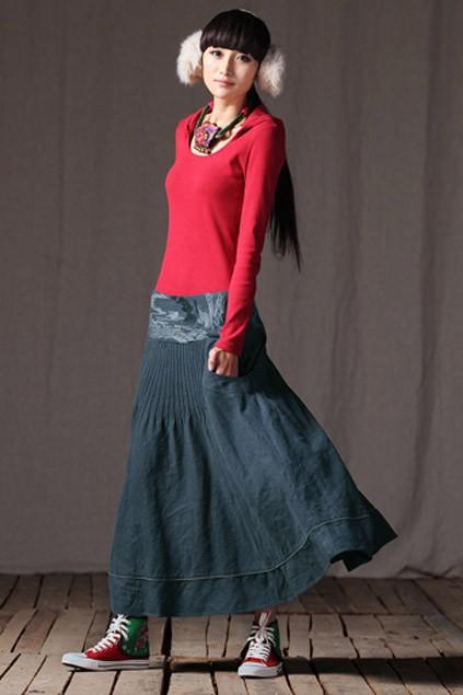 Oasap Embroidered Waist Full Skirt With Front Pleats Detail