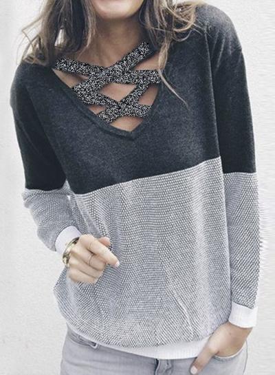 Oasap V Neck Criss Cross Color Block Pullover Sweater