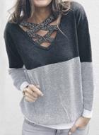 Oasap V Neck Criss Cross Color Block Pullover Sweater