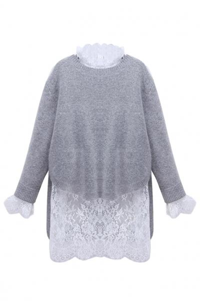 Oasap Grey High-low Sweater White Crochet Lace Dress Matching Sets